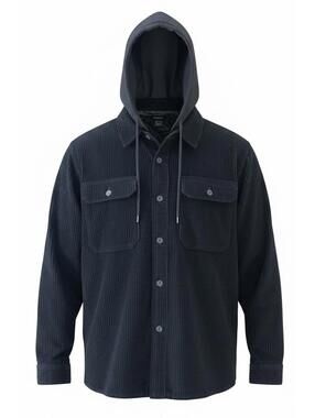Men's Black Corduroy Hooded Button-Up Shirt Jacket